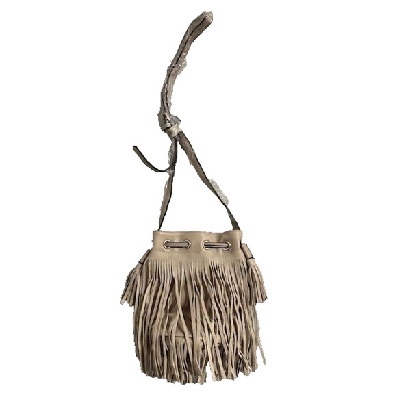 Unbranded Handbags - Taupe Fringe Bucket Bag Faux Leather Crossbody Purse Adjustable Strap NWT